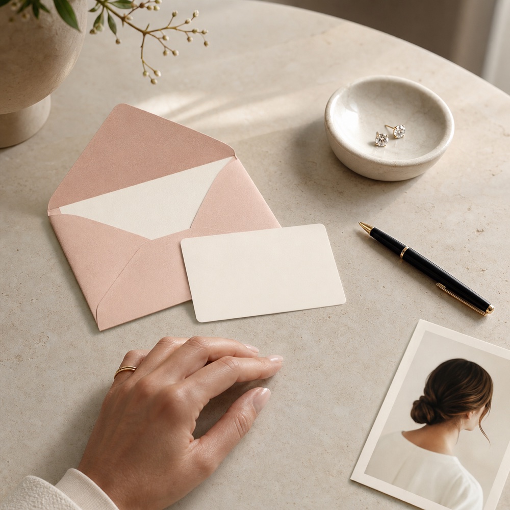 A private membership introduction arranged with an envelope, card, pen, and diamond studs