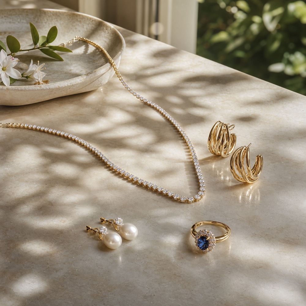 A curated selection of diamond, freshwater pearl, gold, and sapphire jewelry in soft garden light