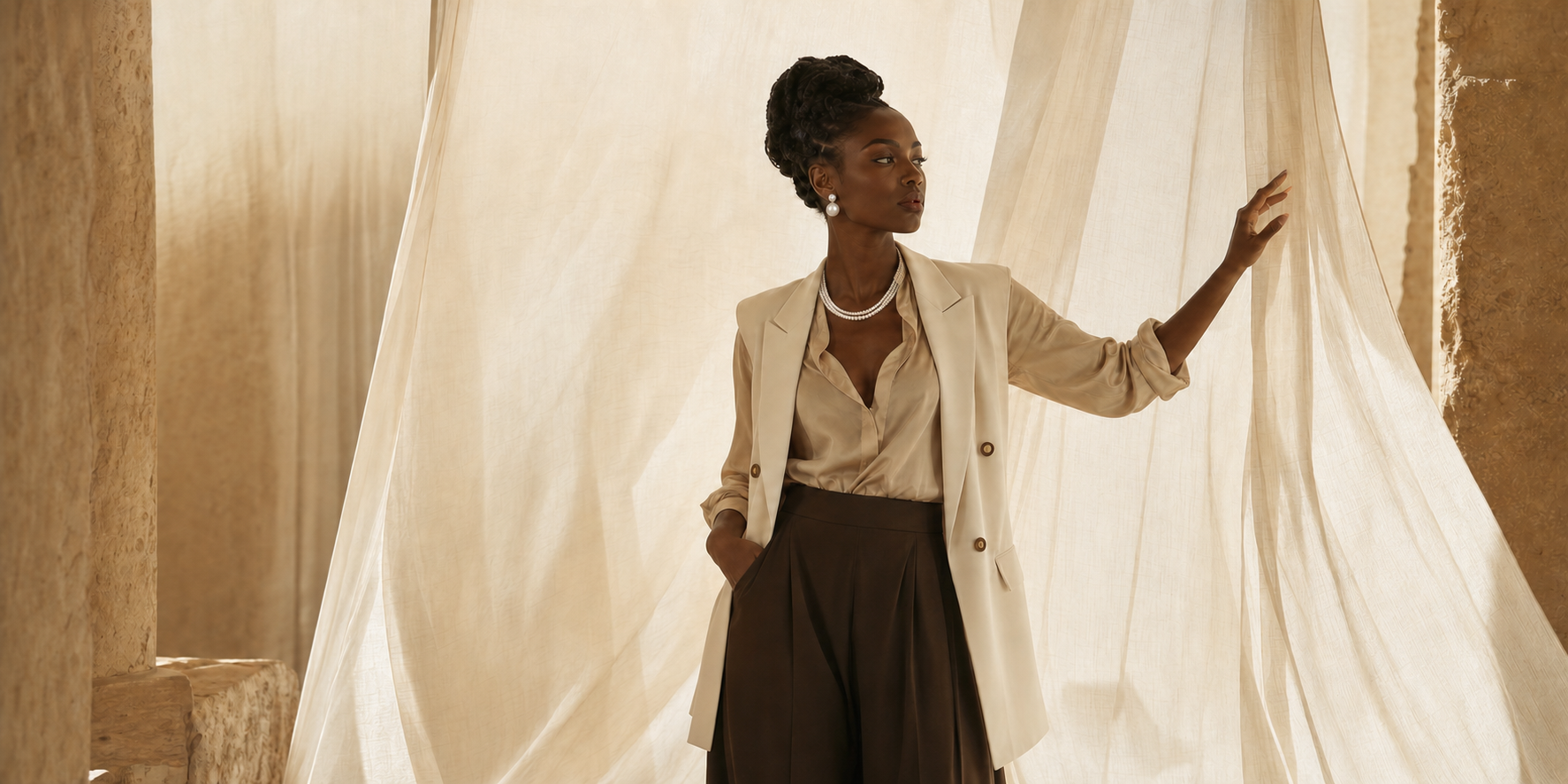 A woman wearing freshwater pearls and an ivory blazer among softly draped linen