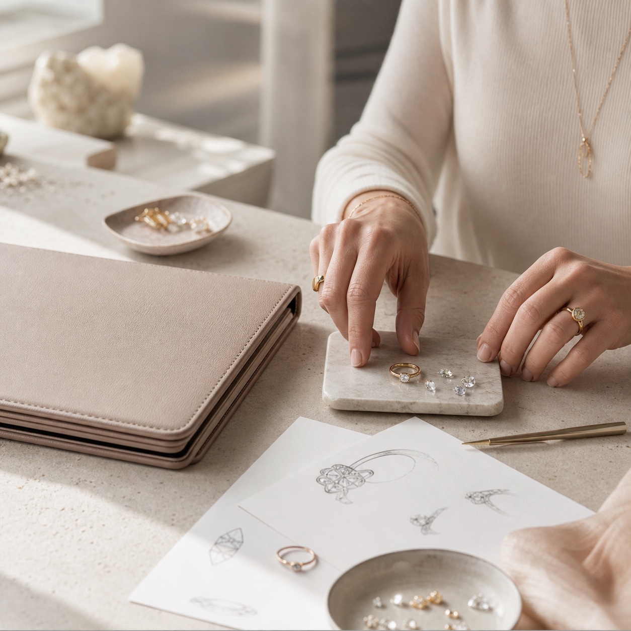 An independent jeweler arranging original designs and gemstones at an atelier table