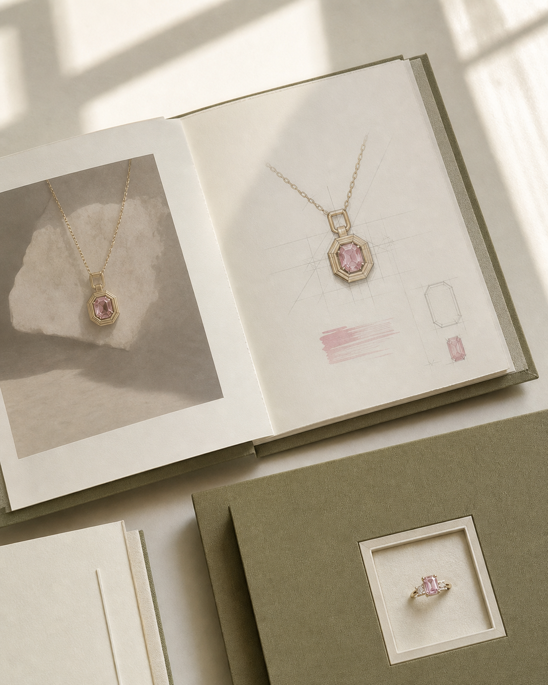 An ivory and olive jeweler's folio displaying an original pendant study and pink sapphire ring