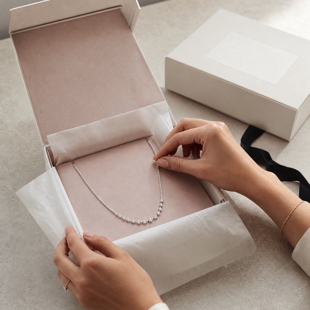 A diamond necklace being carefully placed into its return presentation box