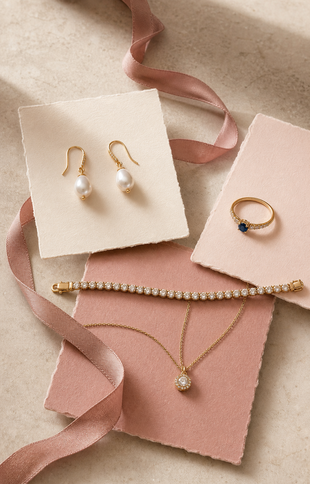 A considered edit of pearl, sapphire, diamond, and gold jewelry arranged on ivory and blush cards