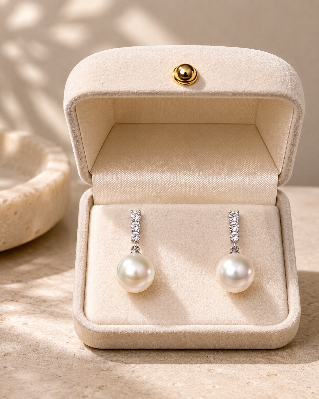 The Hannah Three-Stone Freshwater Pearl Drop Earrings