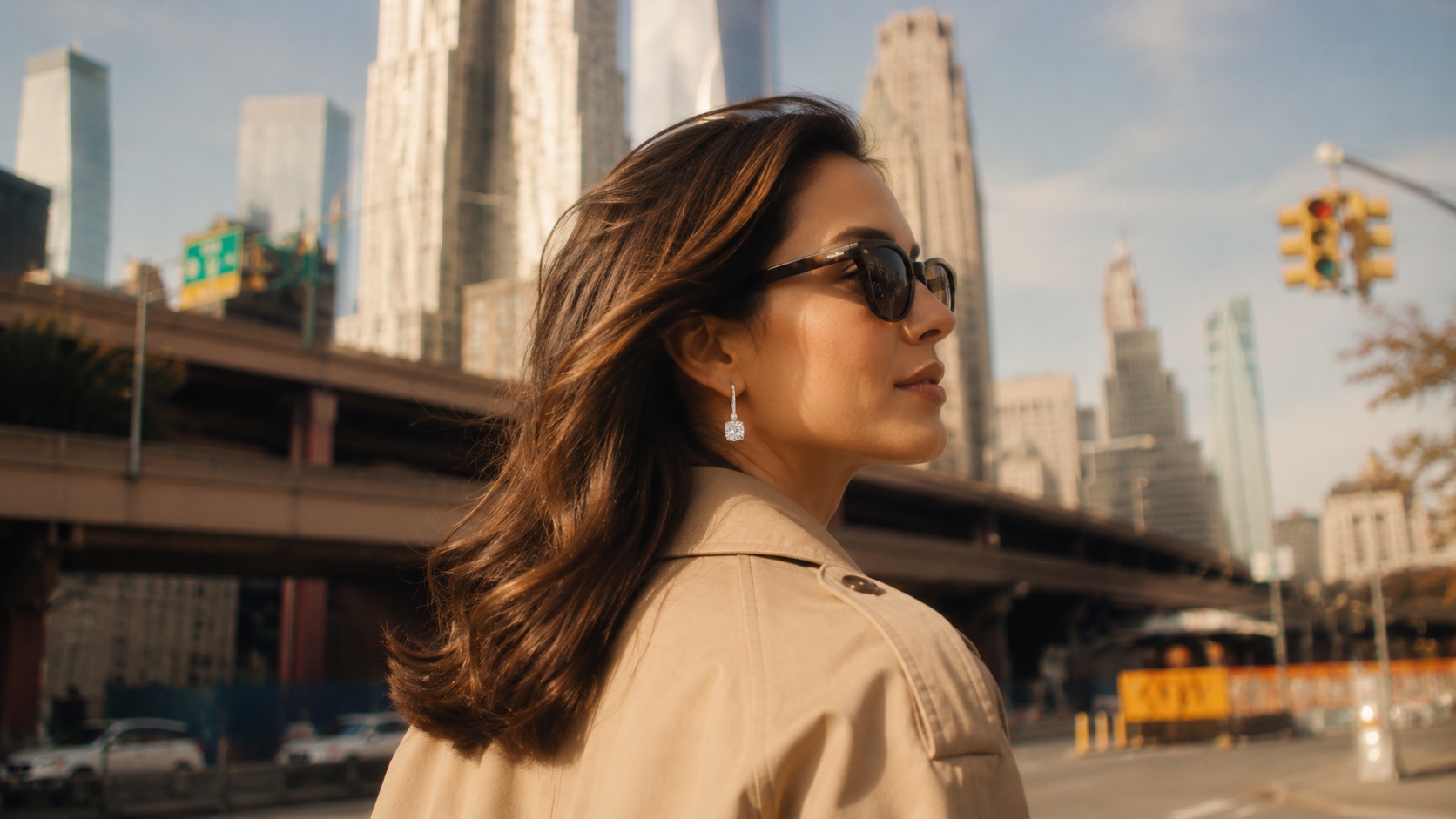 Woman wearing diamond earrings in New York City