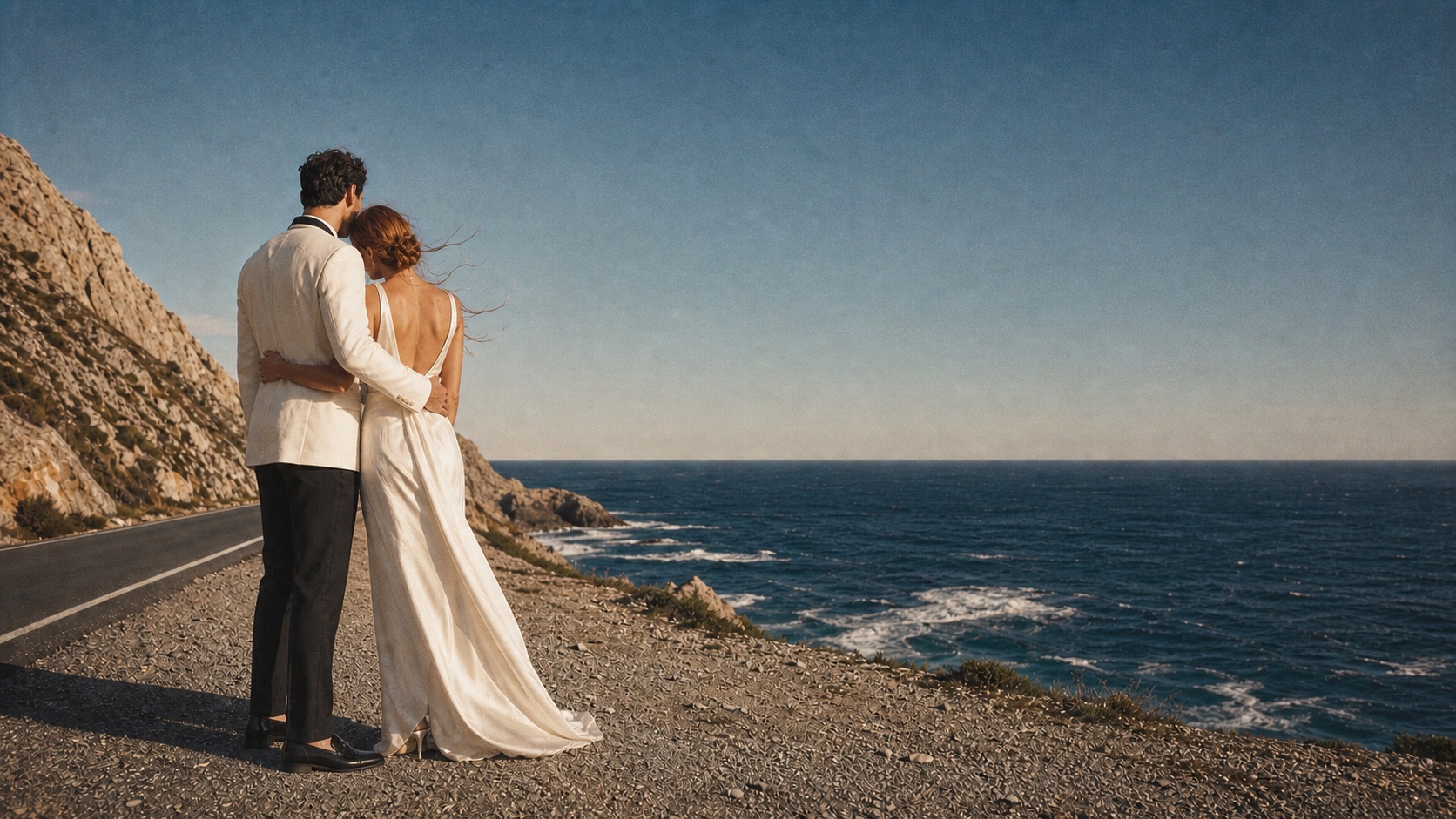 An elegantly dressed couple overlooking a Mediterranean coastline