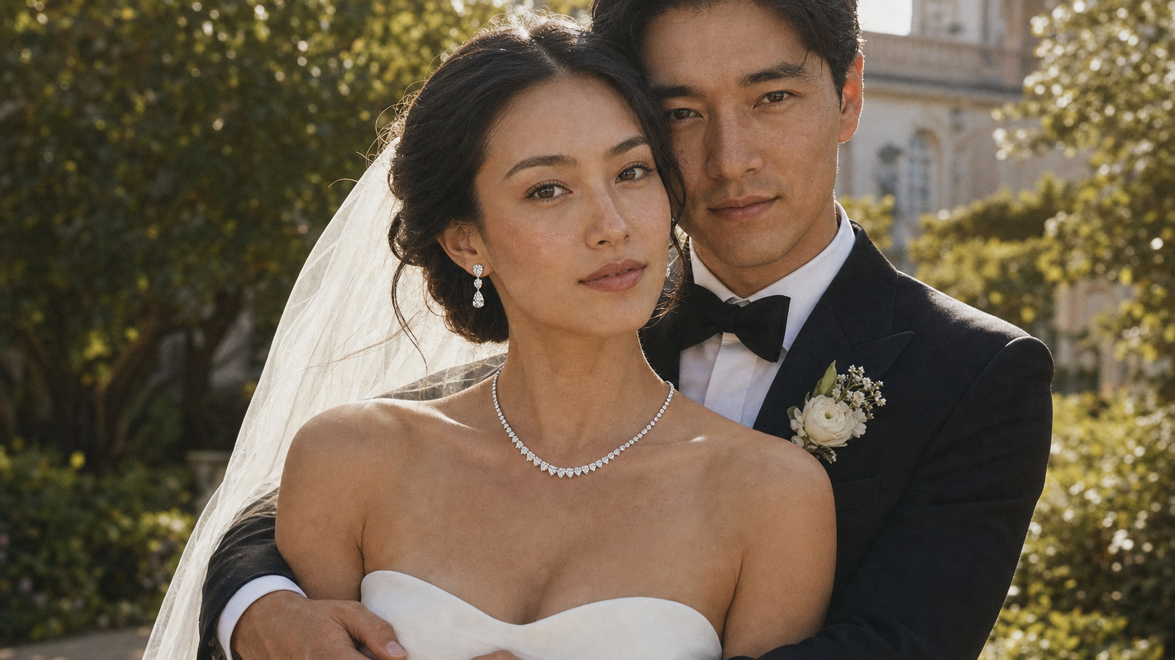 Newlyweds wearing fine jewelry in warm garden light